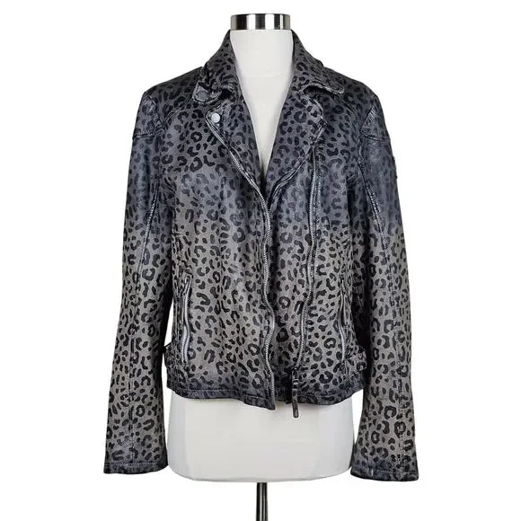 New Mauritius Vicki Leopard Print Leather Moto Jacket $350 Size 10